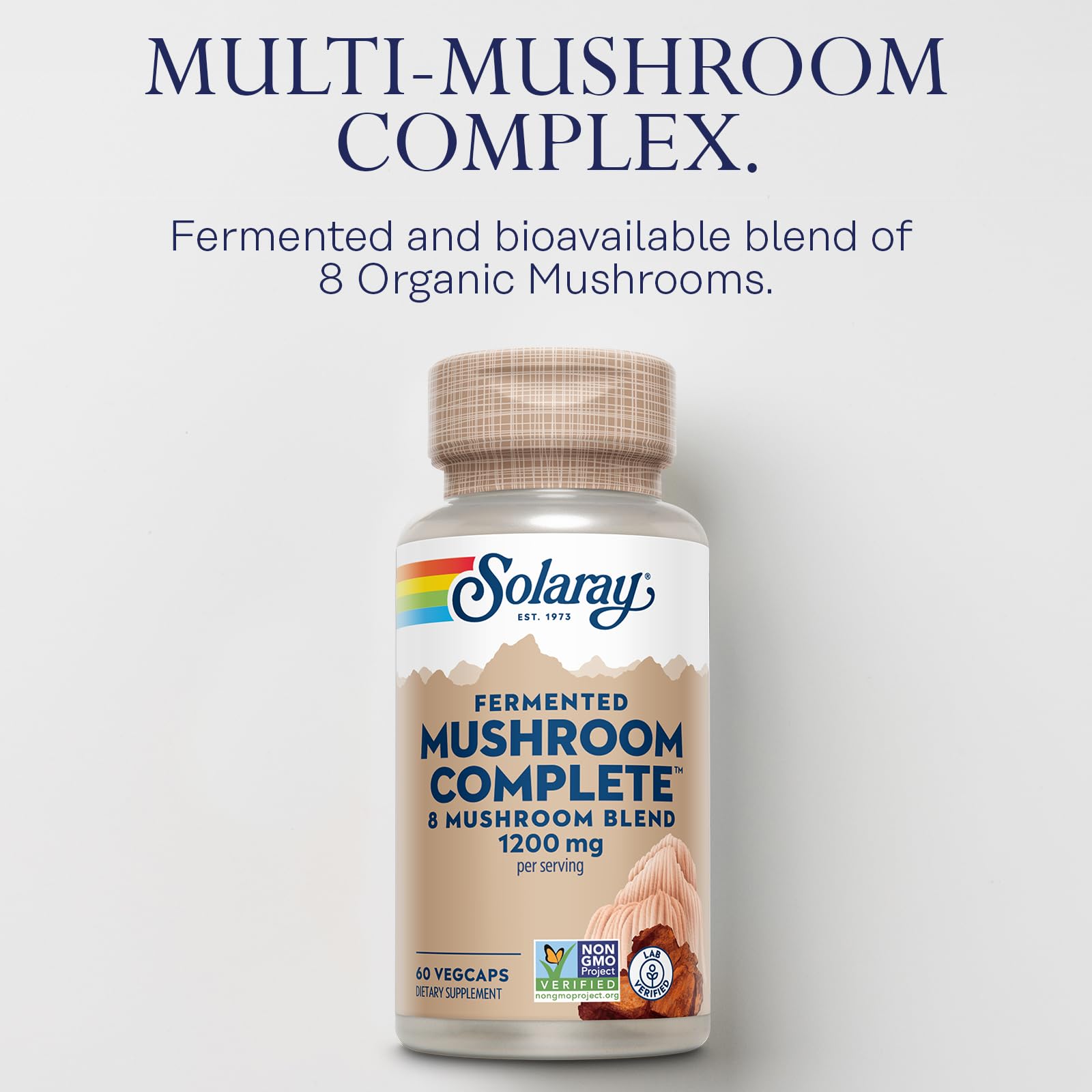 SOLARAY Fermented Mushroom Complete fermentation process image, highlights nutrient-ready preparation.