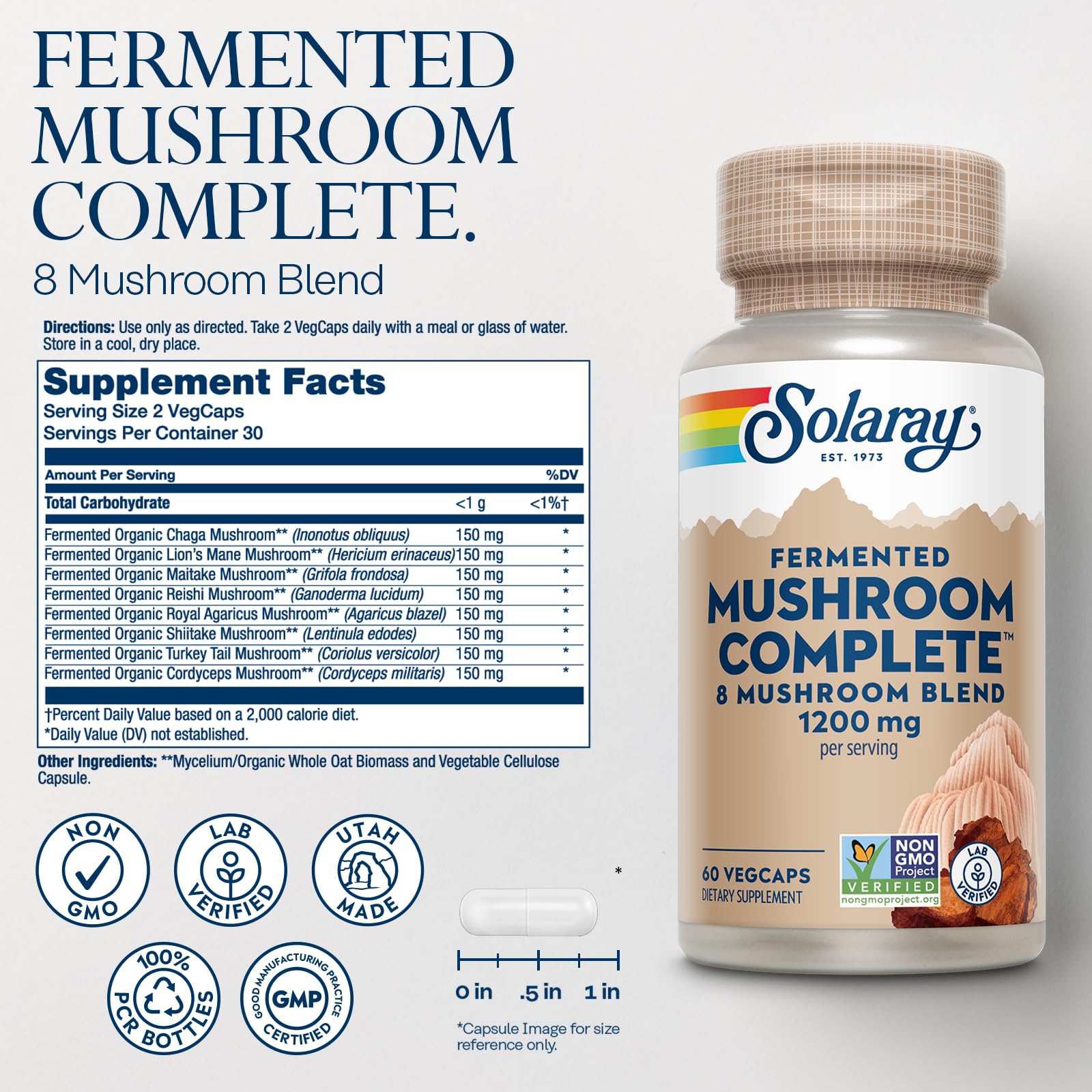 SOLARAY Fermented Mushroom Complete label details, transparent ingredients for informed supplement choices.