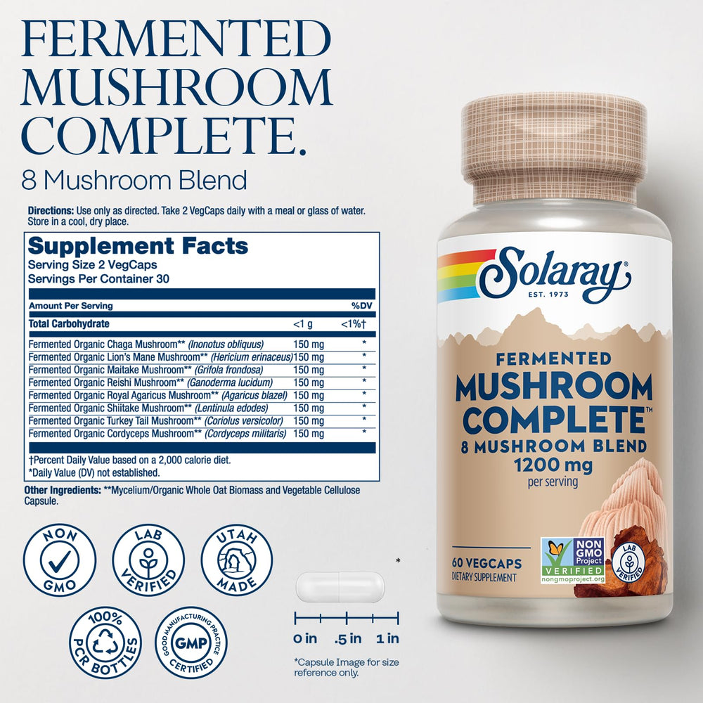 SOLARAY Fermented Mushroom Complete label details, transparent ingredients for informed supplement choices.