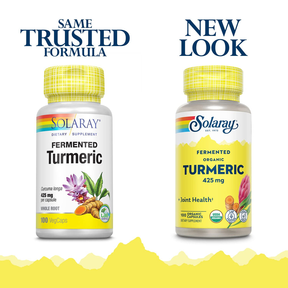 SOLARAY Fermented Turmeric Root capsules close-up highlighting skin health benefits.