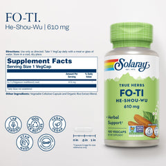 SOLARAY Fo-Ti bottle label shows vegan, GMP-certified supplement