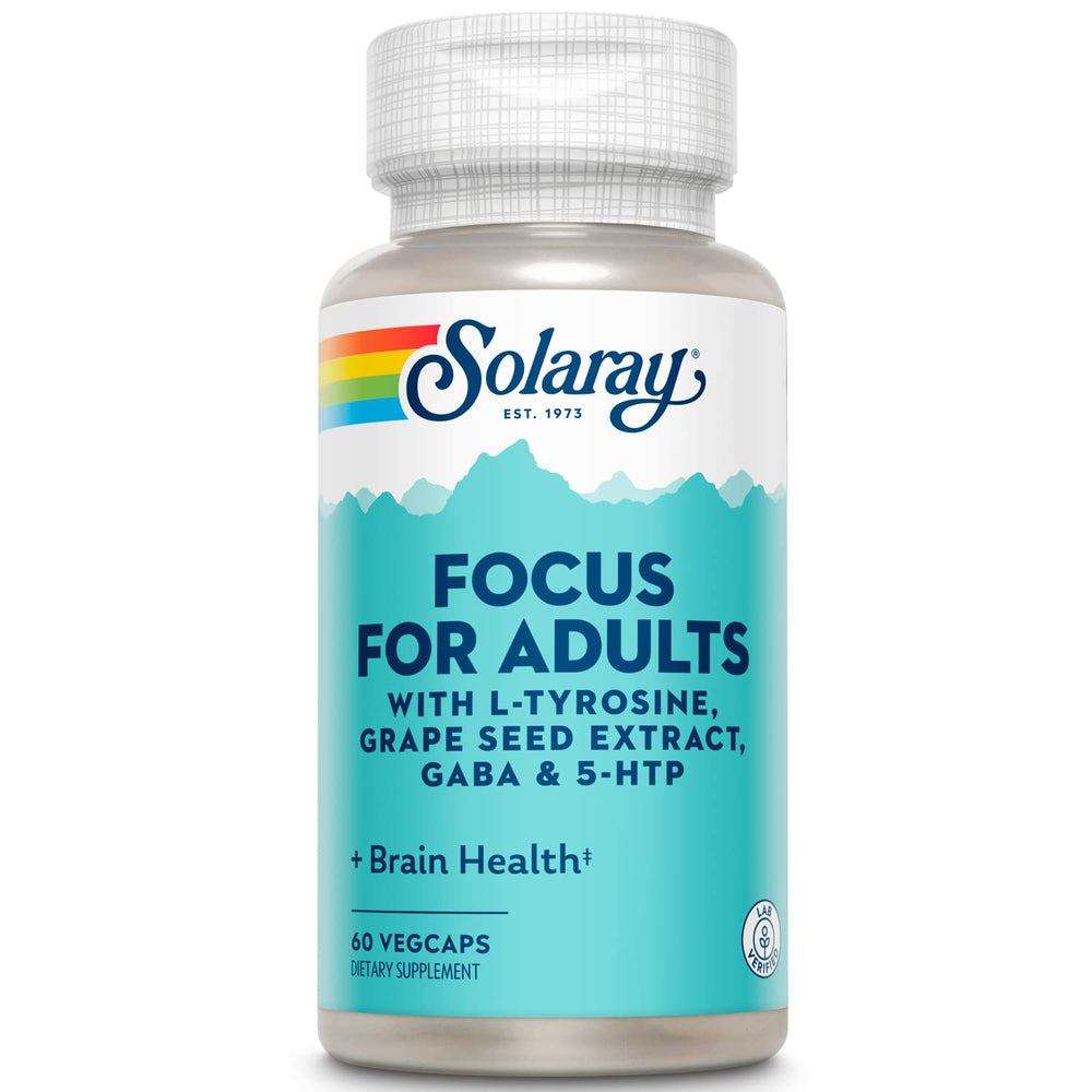 SOLARAY Focus for Adults bottle and capsules supporting daily focus and steady energy.