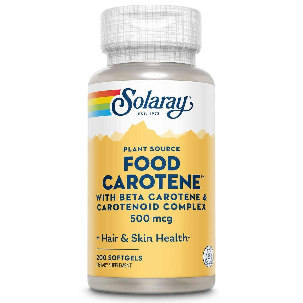 SOLARAY Food Carotene bottle label highlighting plant-based Vitamin A for skin and eyes.