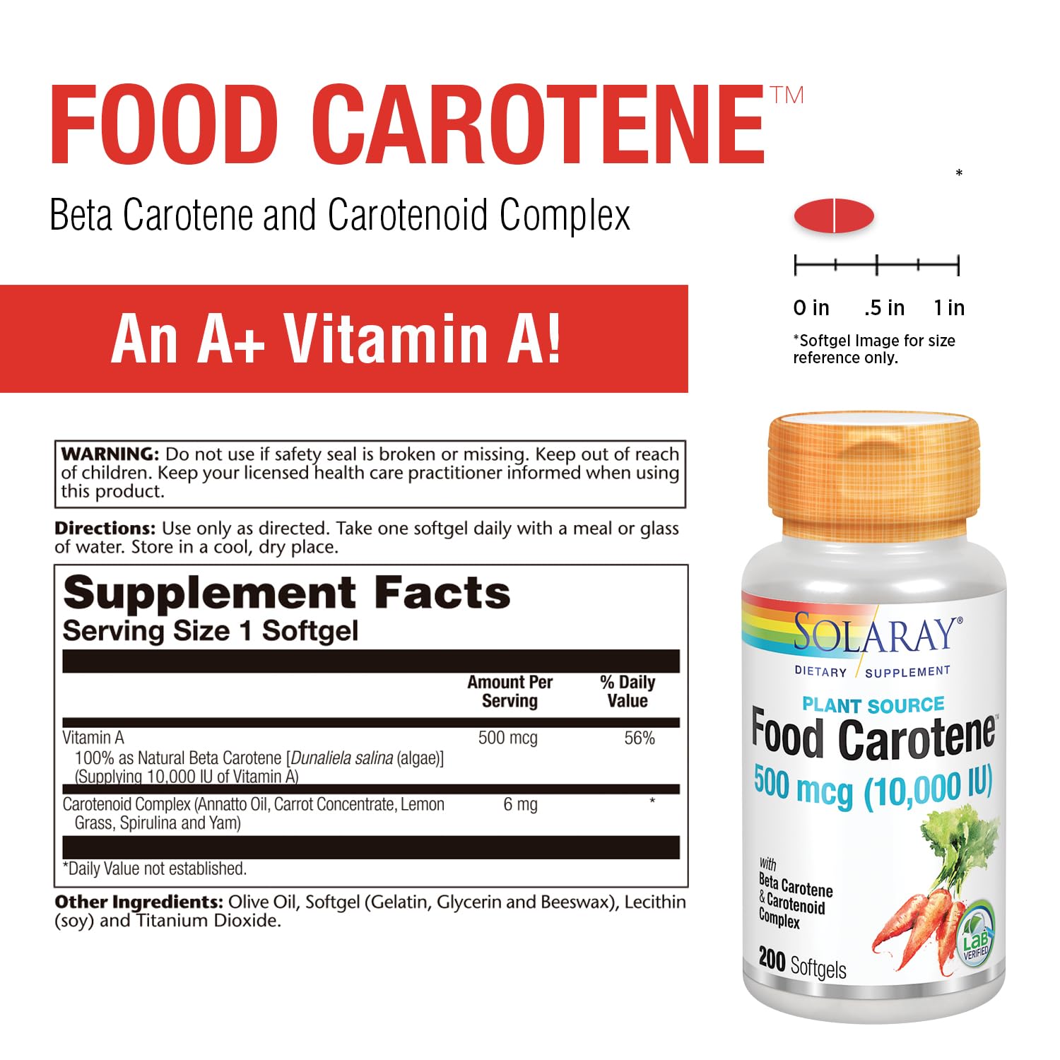 SOLARAY Food Carotene capsules closeup revealing natural beta carotene pigment.