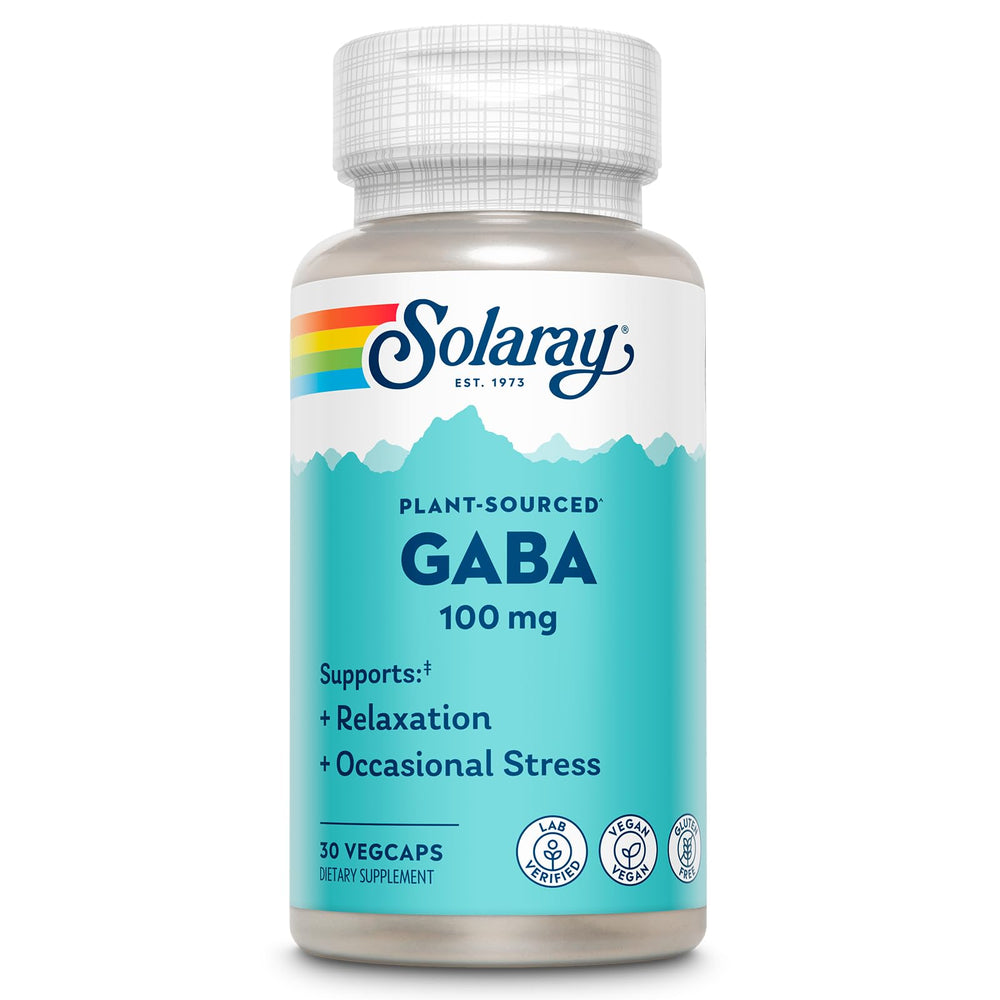 SOLARAY GABA bottle front view for relaxation support.