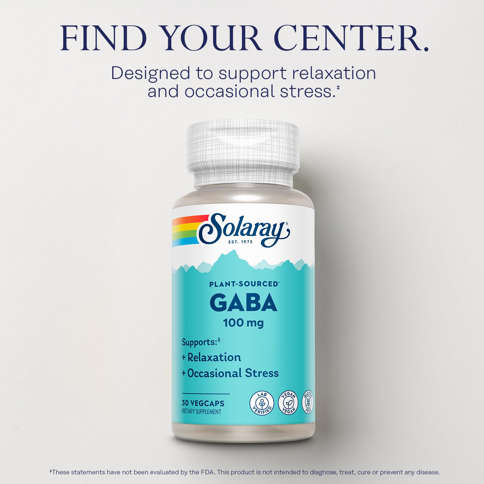 SOLARAY GABA bottle label with ingredients and vegan notes.