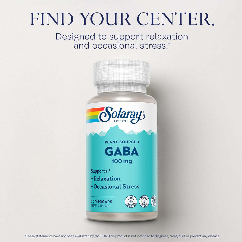 SOLARAY GABA bottle label with ingredients and vegan notes.