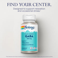 SOLARAY GABA bottle label with ingredients and vegan notes.