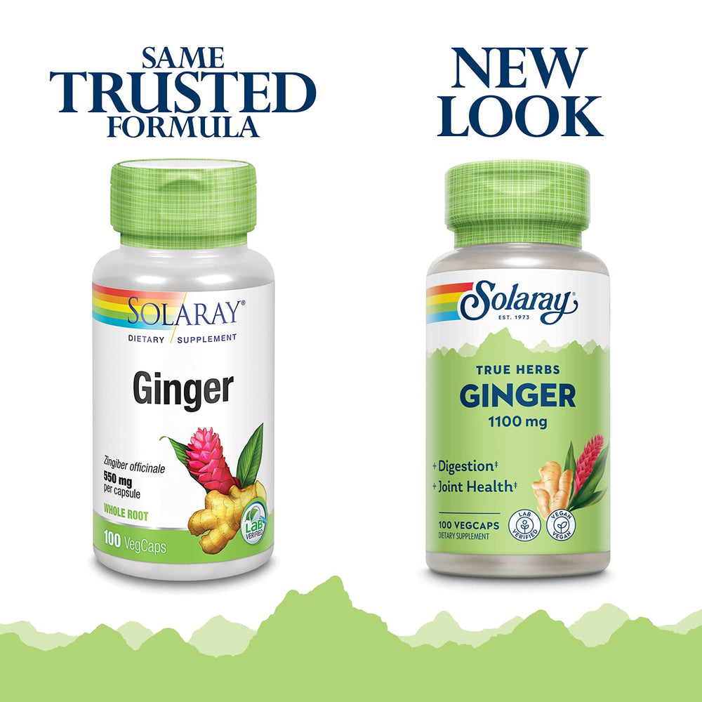 SOLARAY Ginger Root 1100mg capsules for joint comfort and motion support.