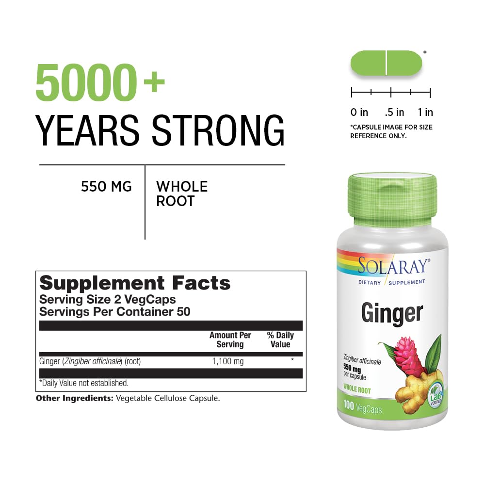 Close-up of SOLARAY Ginger Root 1100mg label highlighting potency.