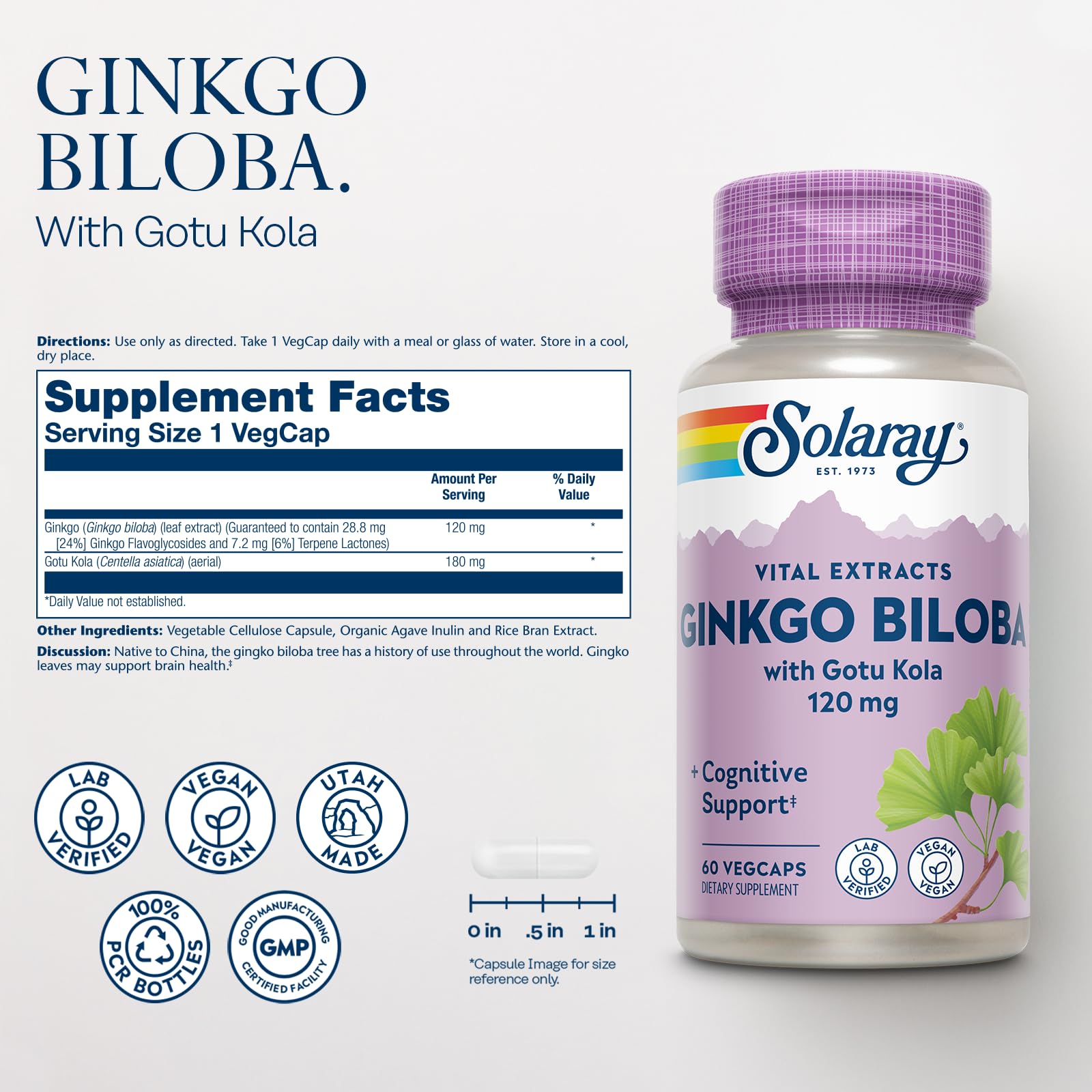 SOLARAY Ginkgo Biloba with Gotu Kola capsules for vegan brain health support