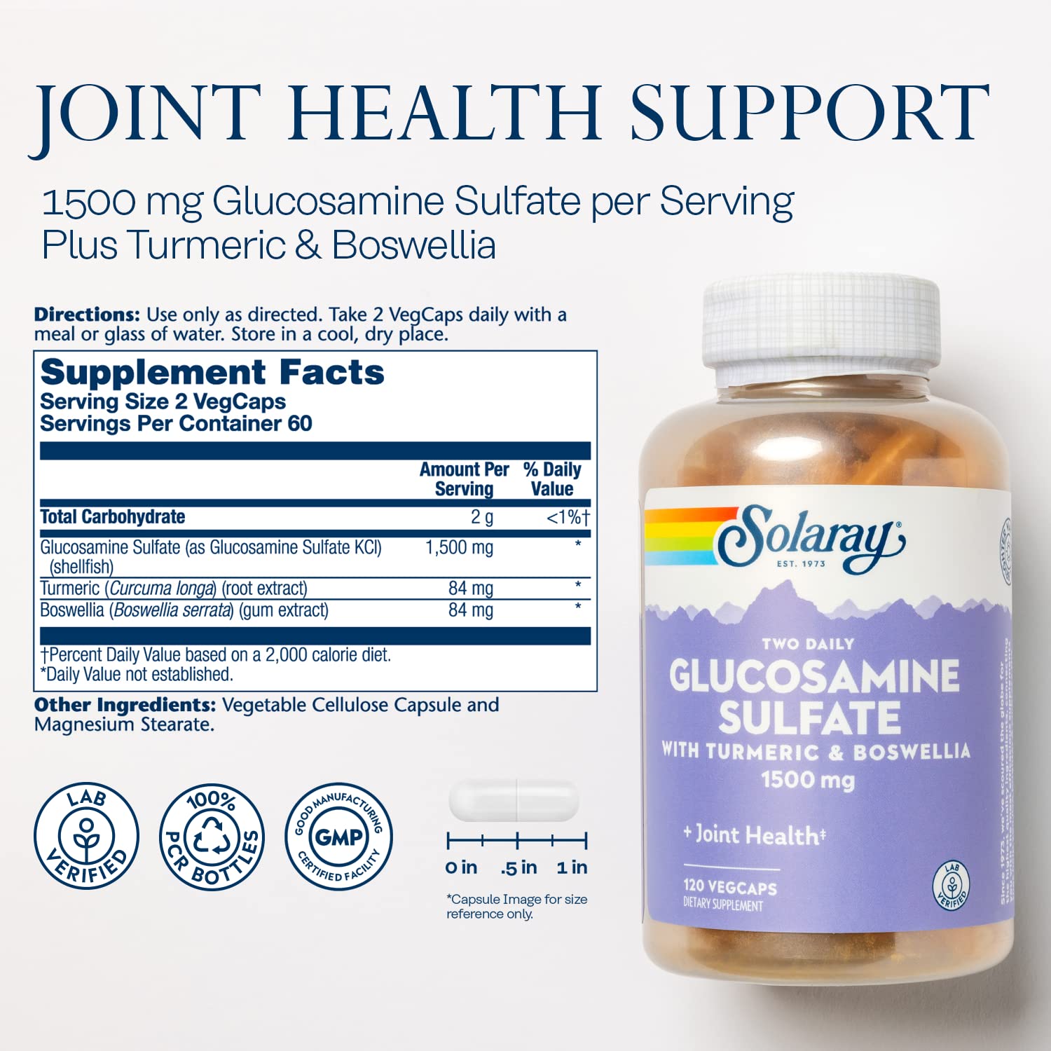 Solaray glucosamine capsules close-up showing convenient daily capsule form.