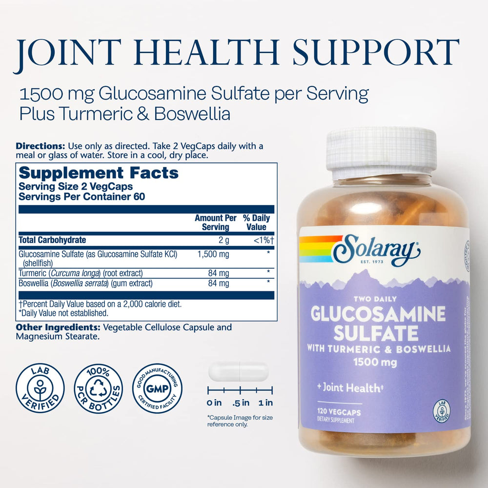 Solaray glucosamine capsules close-up showing convenient daily capsule form.