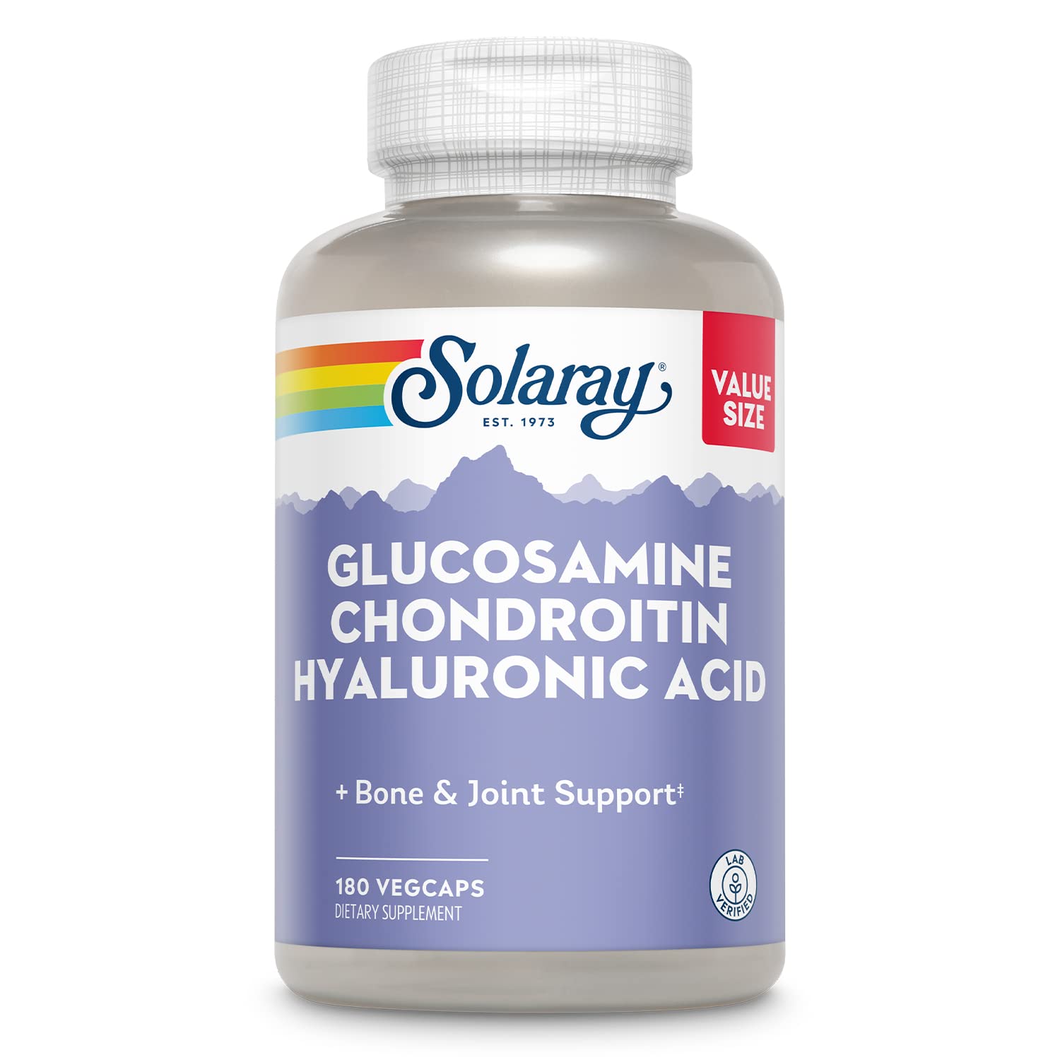 SOLARAY bottle of glucosamine chondroitin hyaluronic acid for joint comfort and mobility