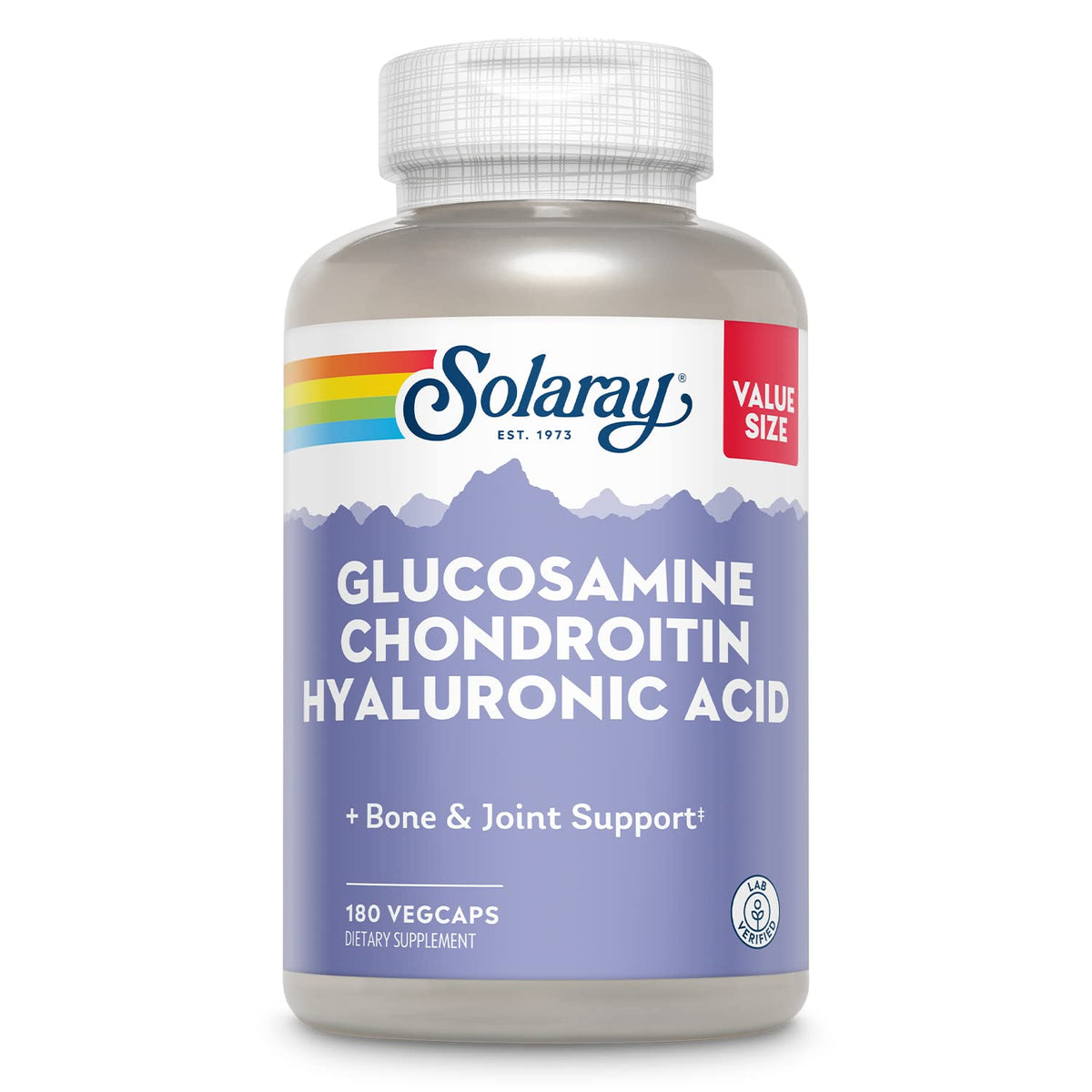 SOLARAY bottle of glucosamine chondroitin hyaluronic acid for joint comfort and mobility