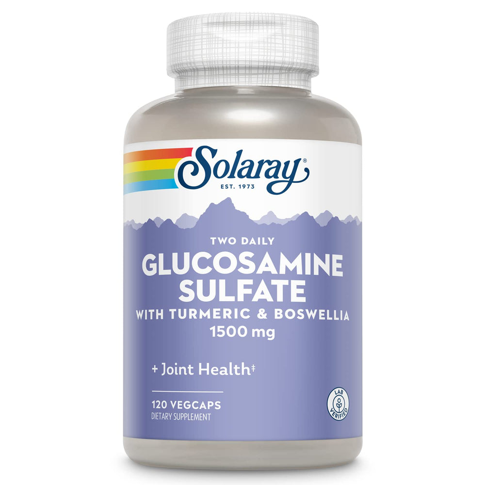 Solaray Glucosamine Sulfate 1500 mg bottle with two daily capsules for joint support.