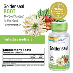 SOLARAY Goldenseal root label shows non-GMO and vegan ingredients.