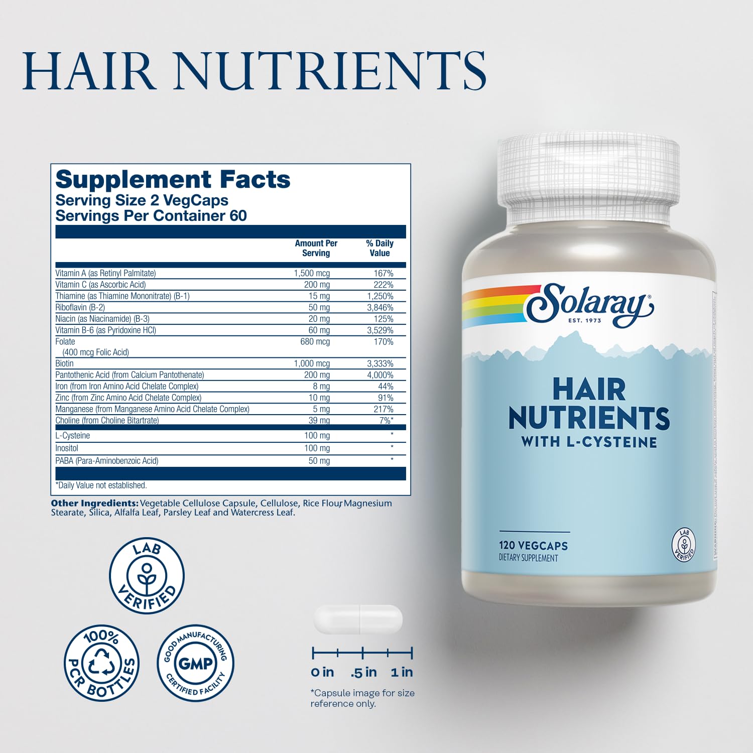 SOLARAY Hair Nutrients vegcaps closeup showing easy daily use