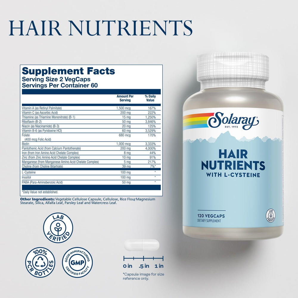SOLARAY Hair Nutrients vegcaps closeup showing easy daily use