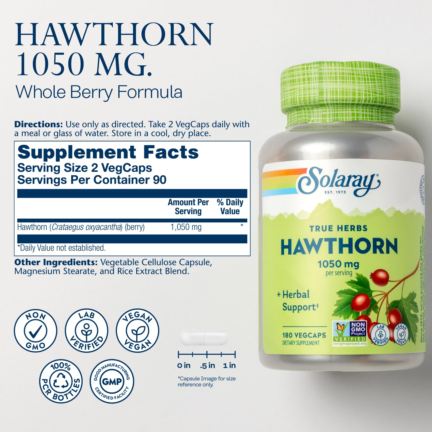 SOLARAY Hawthorn berries whole form highlighting natural nutrition.