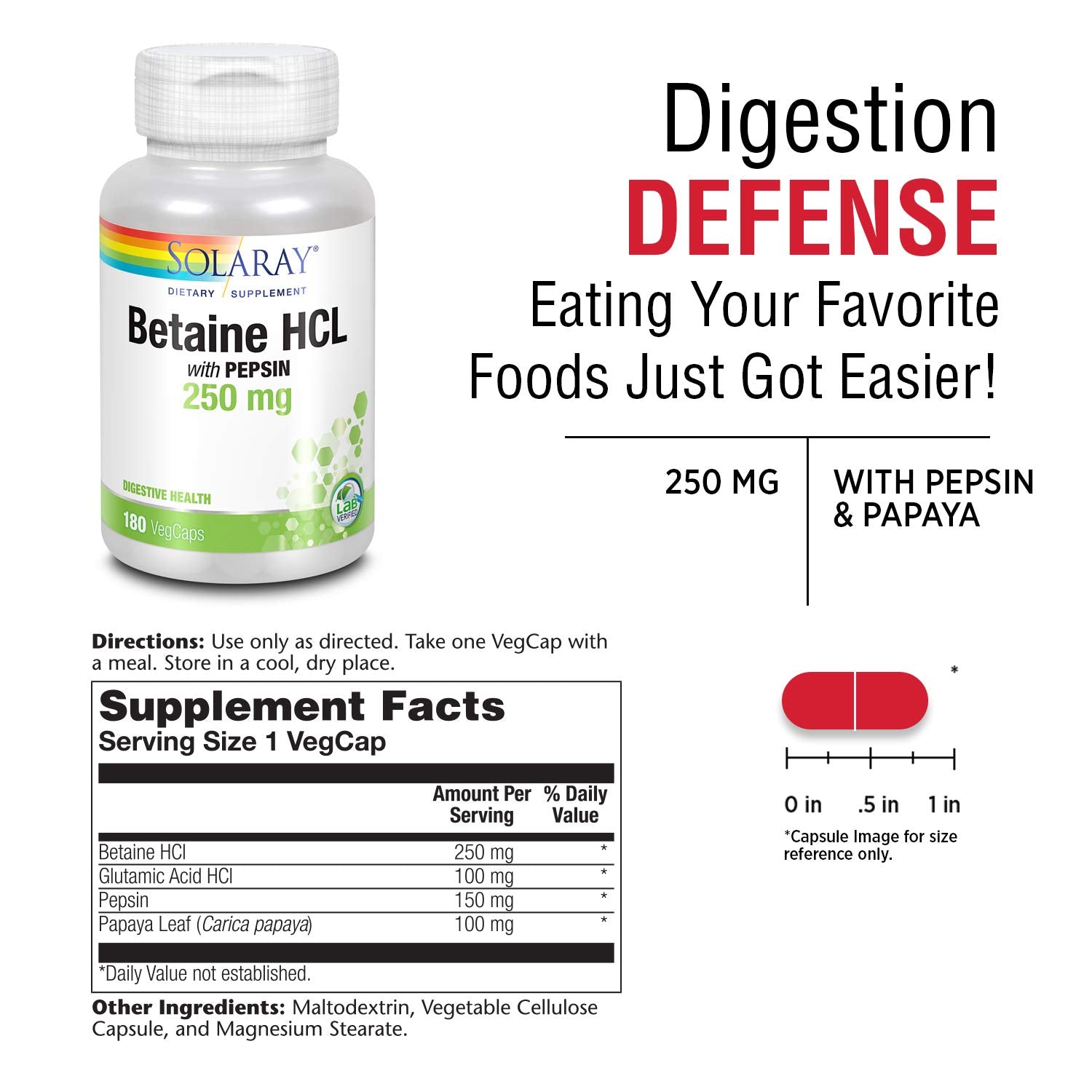 Close-up of the Solaray label highlighting betaine HCl and pepsin.