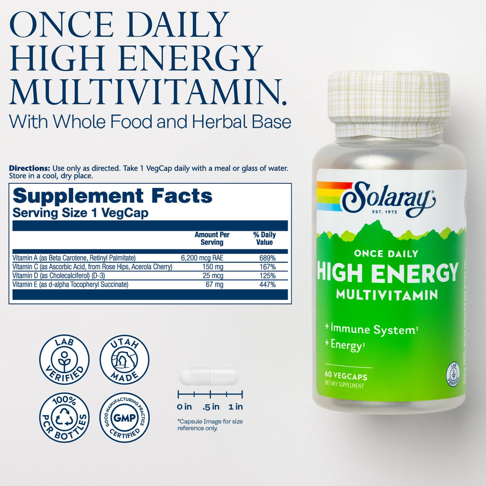 Solaray capsules close-up highlighting convenient once-daily dose for busy mornings.