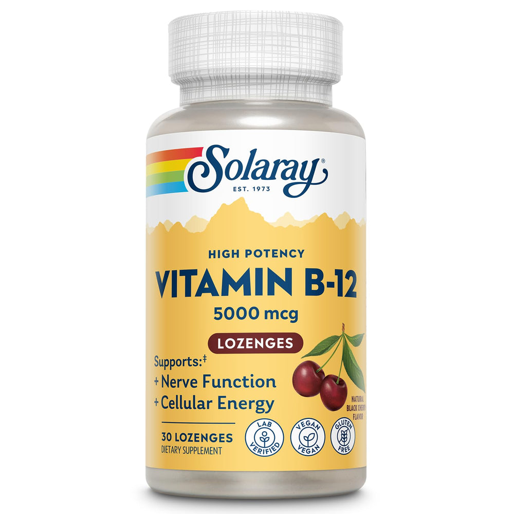 SOLARAY High Potency B12 lozenge bottle with black cherry flavor for energy support
