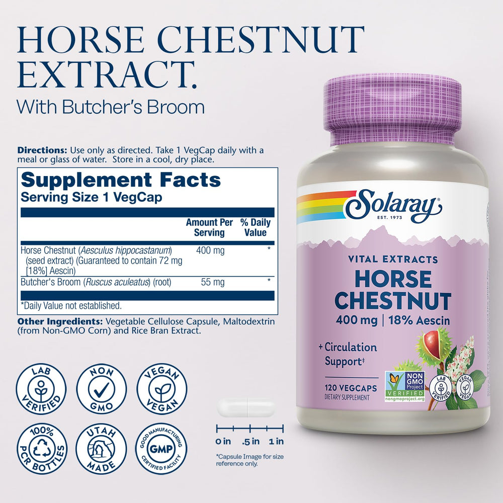SOLARAY Horse Chestnut Extract capsules close-up with 72 mg aescin potency.
