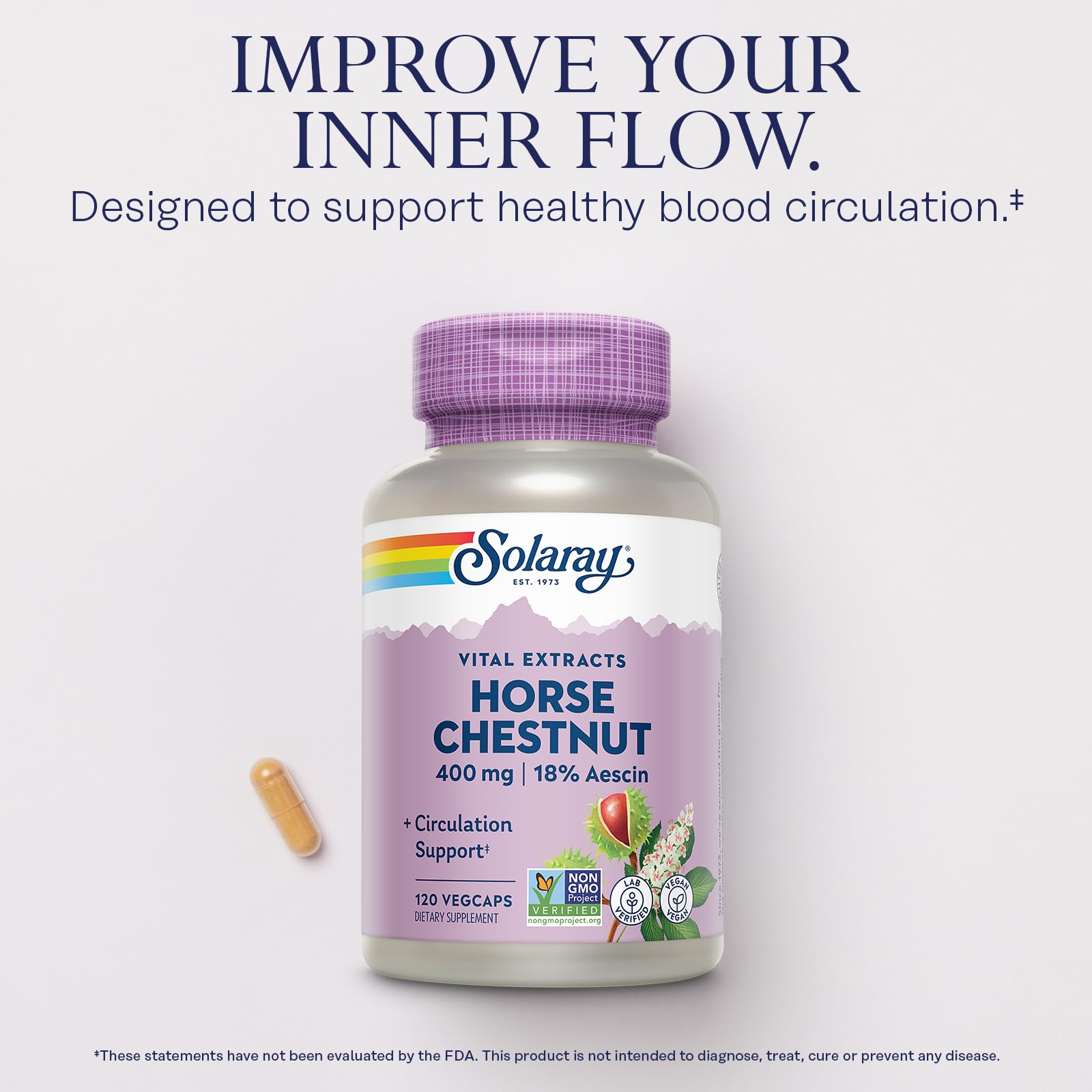 SOLARAY label close-up highlighting 72 mg aescin and 55 mg butcher's broom.