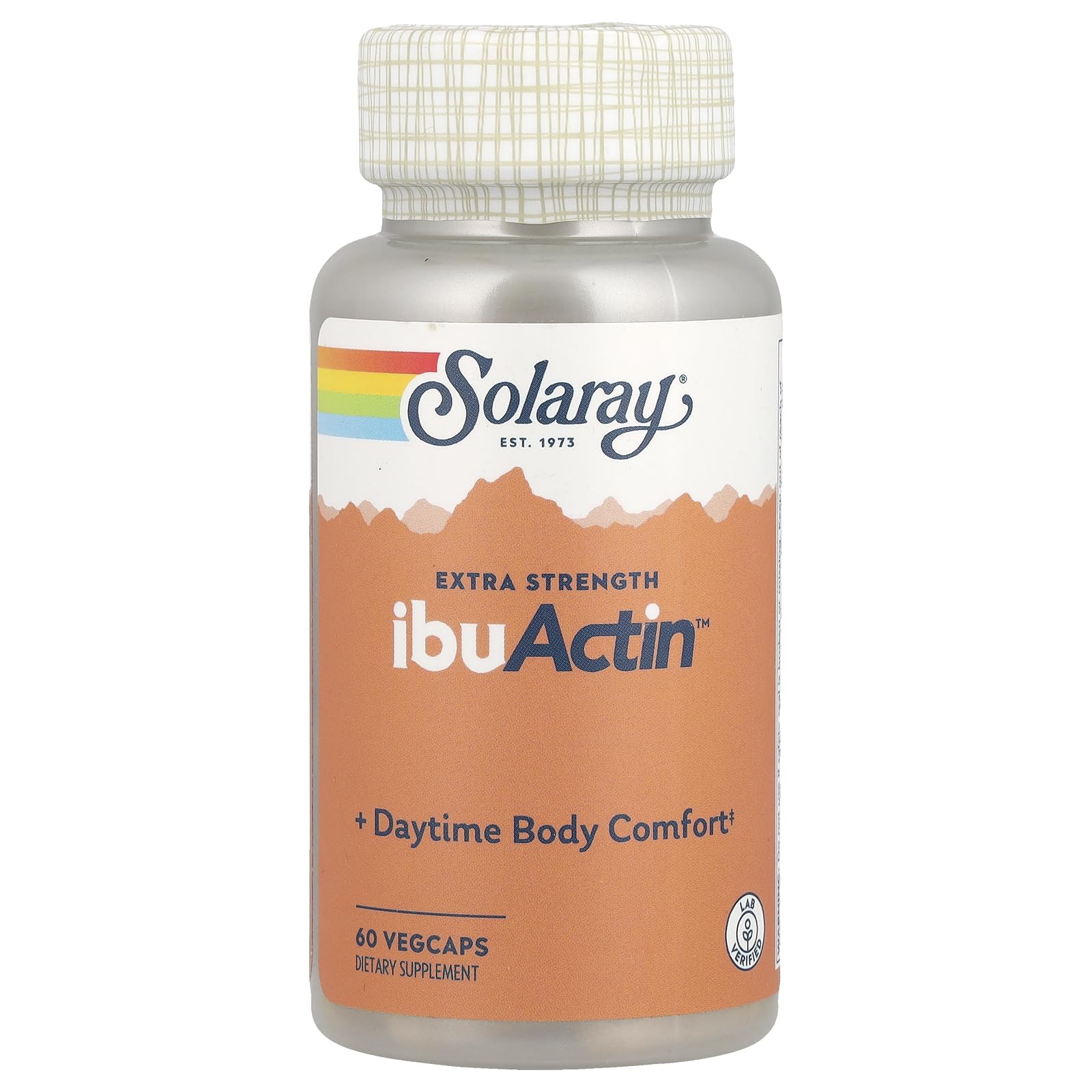SOLARAY IbuActin bottle front view highlighting all-day comfort support