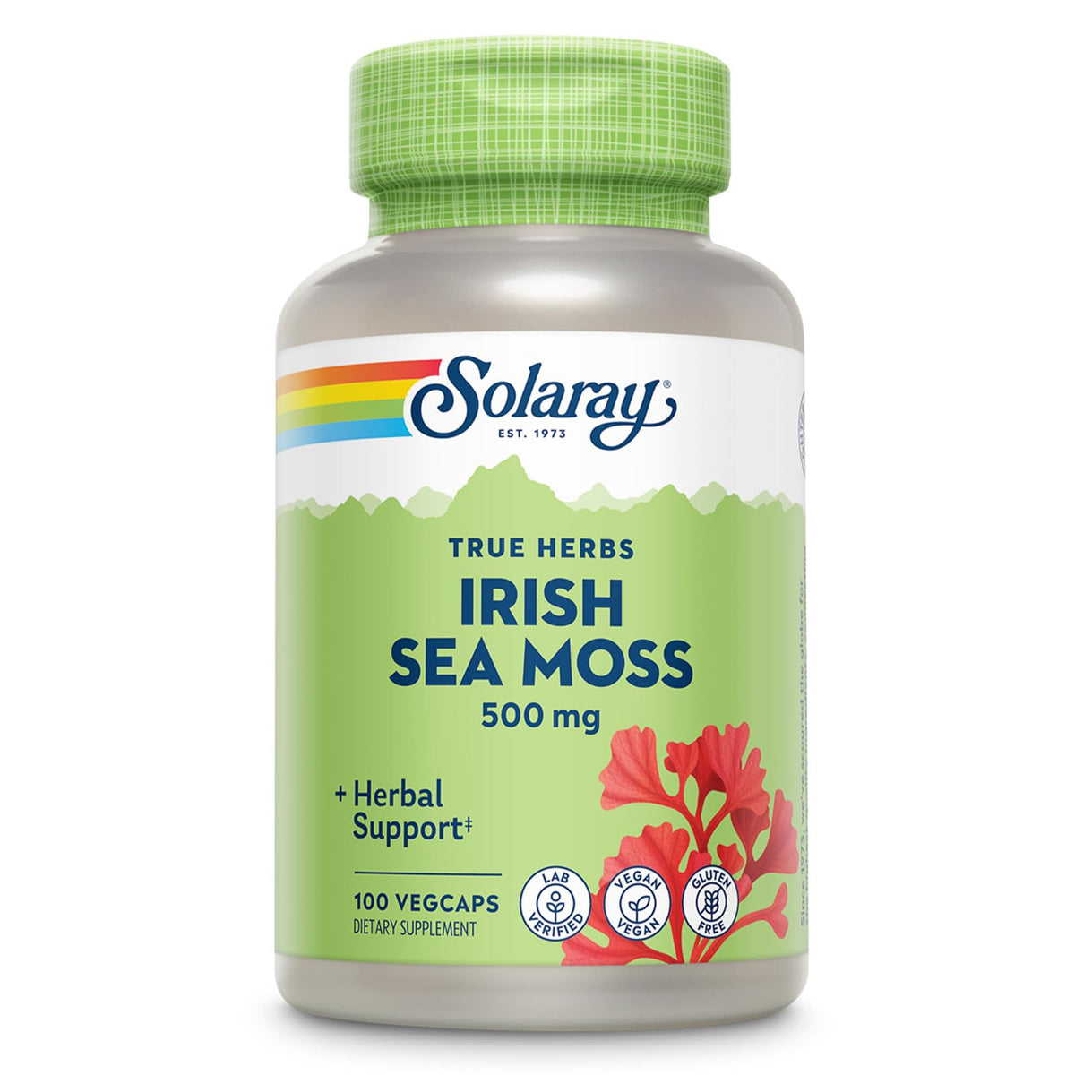 SOLARAY Irish Sea Moss 500 mg bottle with vegan capsules for daily wellness.