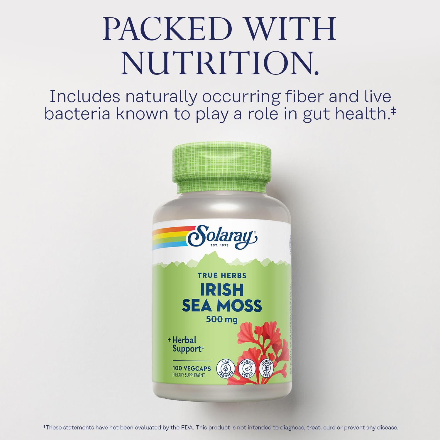SOLARAY Irish Sea Moss nutrition panel highlighting minerals and fiber.
