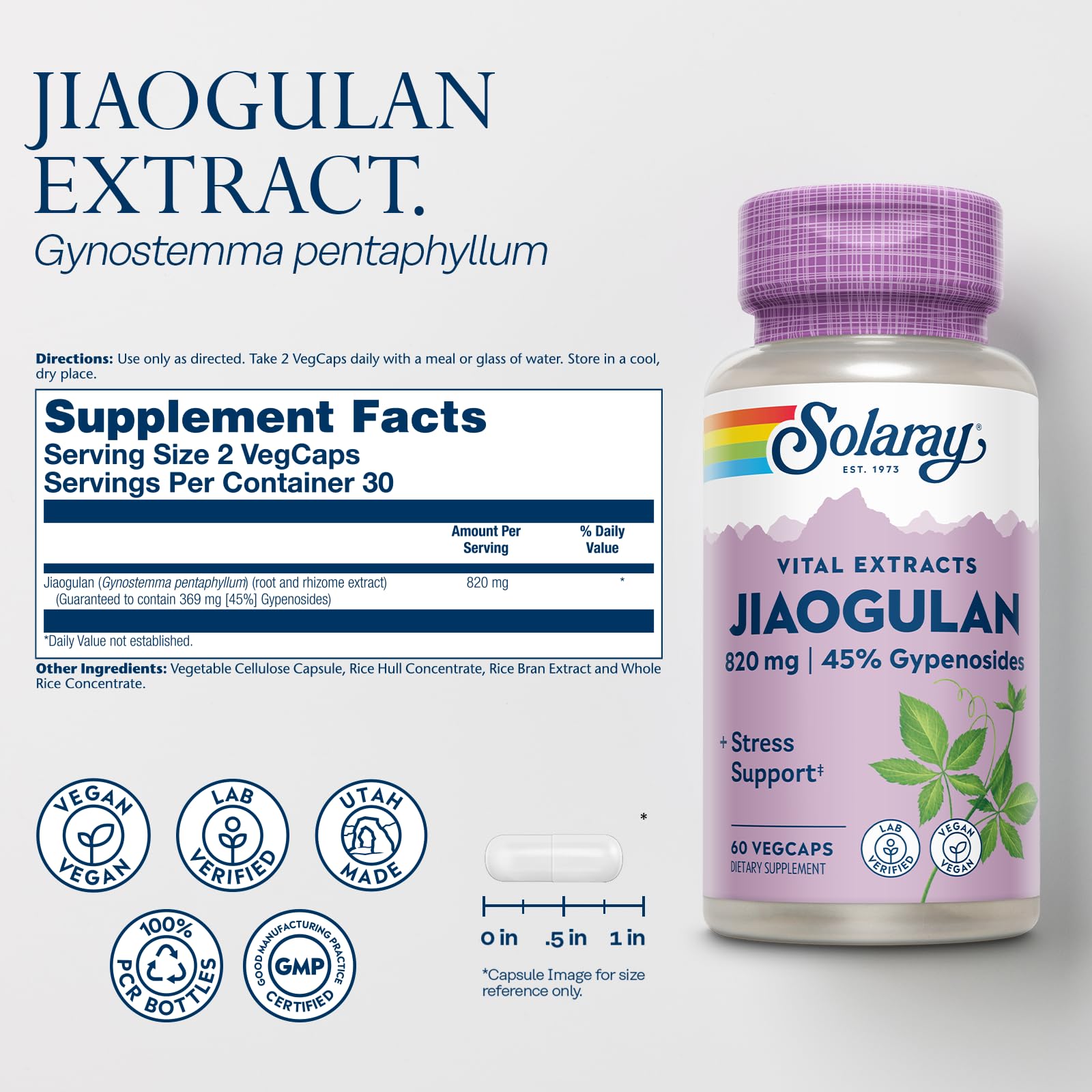 SOLARAY Jiaogulan capsules poured showing vegan, lab-verified quality.