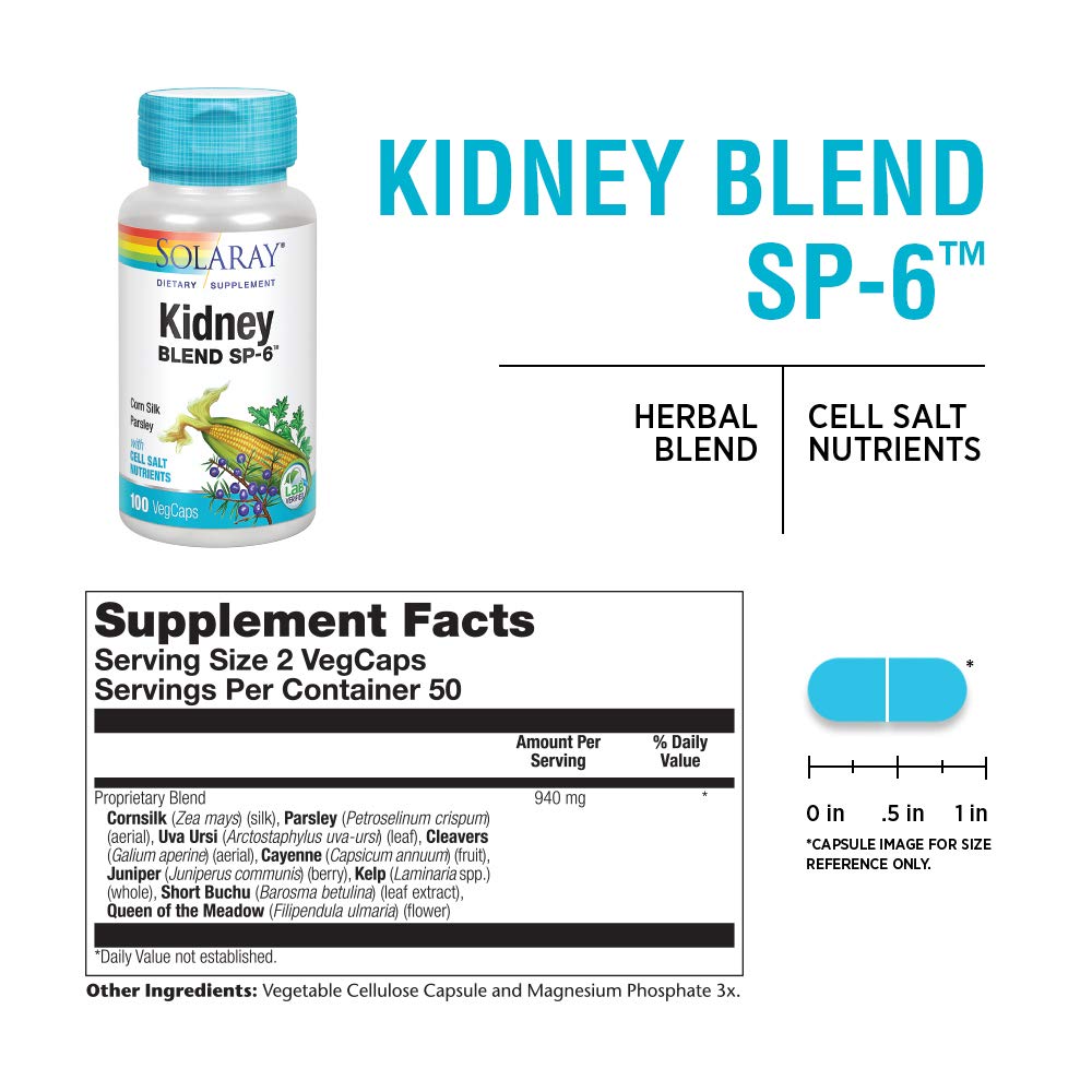 SOLARAY Kidney Blend SP-6 capsules offer vegan, non-GMO plant-based convenience