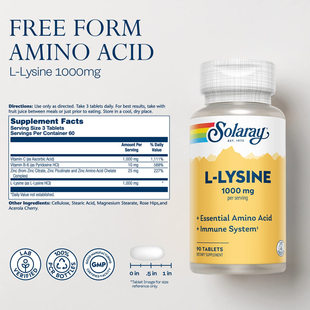 SOLARAY L Lysine tablets close-up showing 1000 mg Lysine per serving