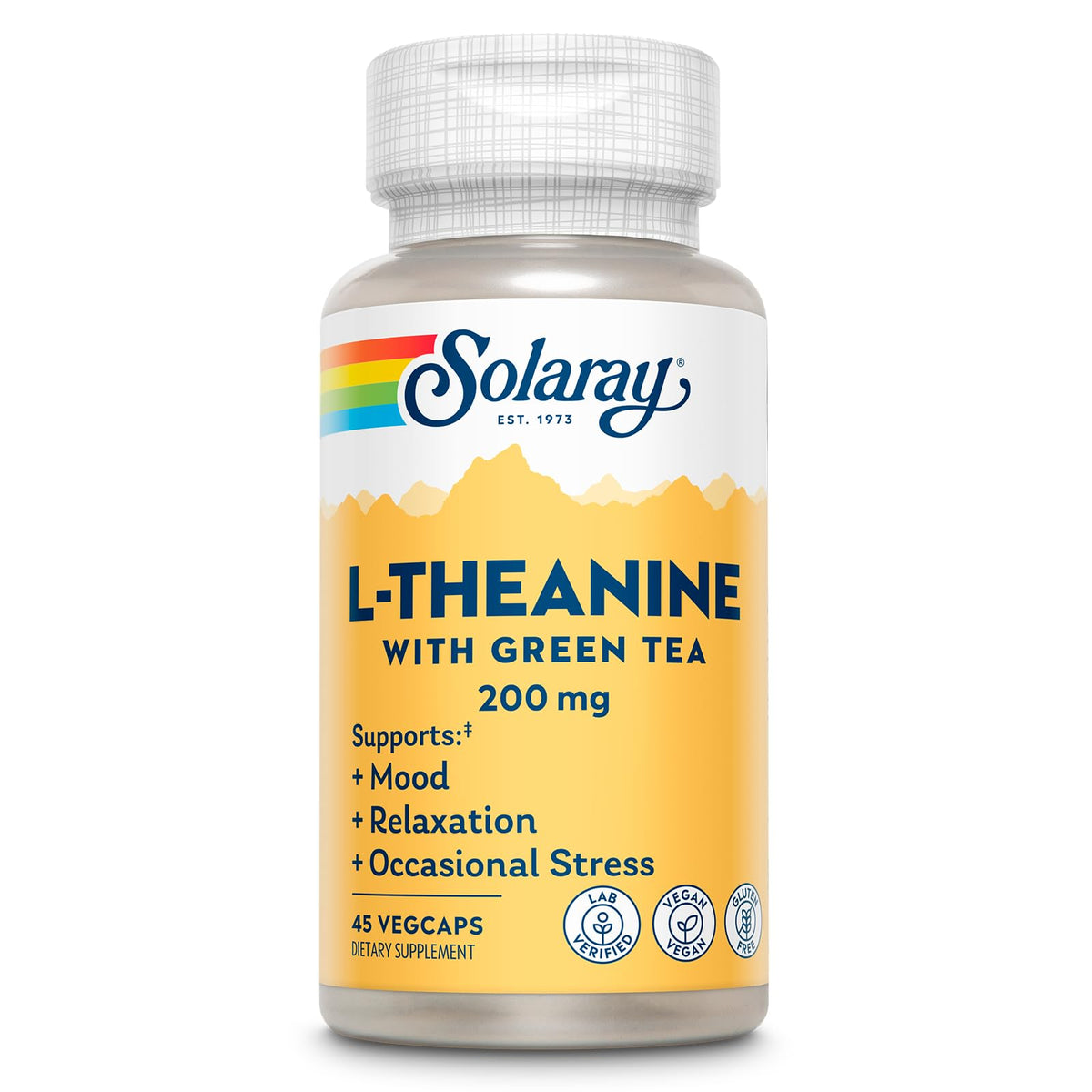 SOLARAY L-Theanine 200mg bottle showcases vegan, gluten-free relaxation support.