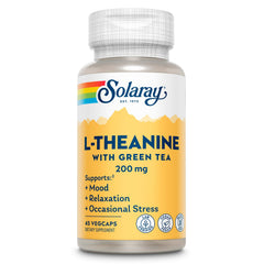 SOLARAY L-Theanine 200mg bottle showcases vegan, gluten-free relaxation support.