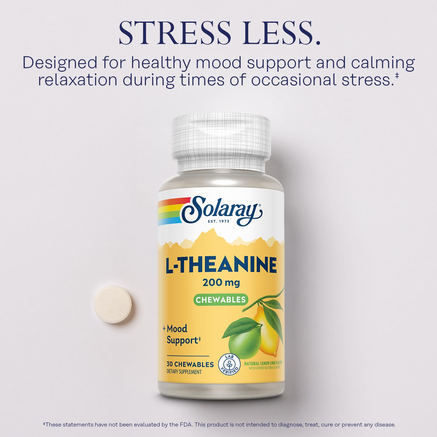 Solaray L-Theanine bottle showcasing eco-friendly packaging for sustainable daily routines.