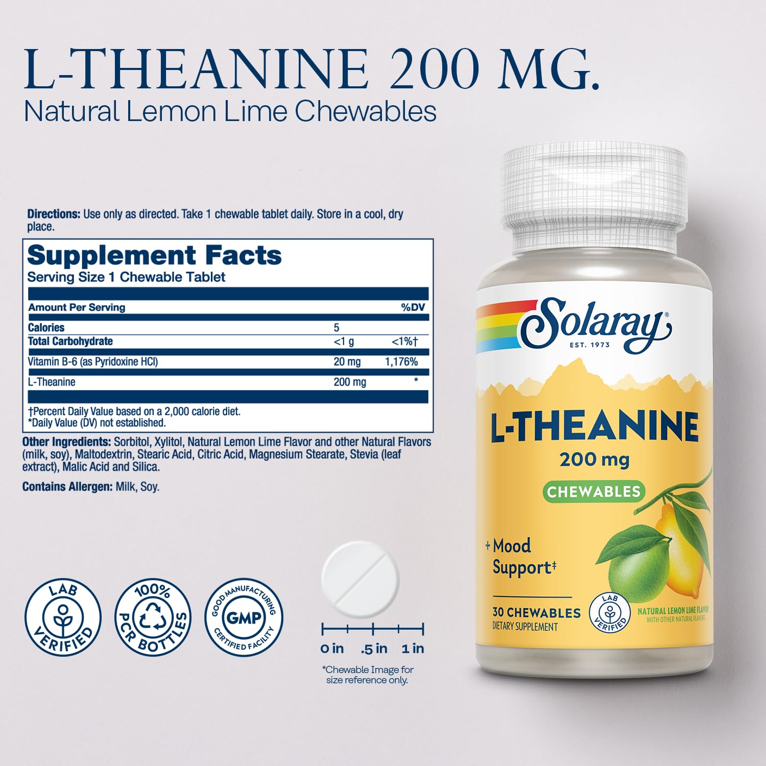 Solaray L-Theanine chew closeup showing soft texture for easy daily use.