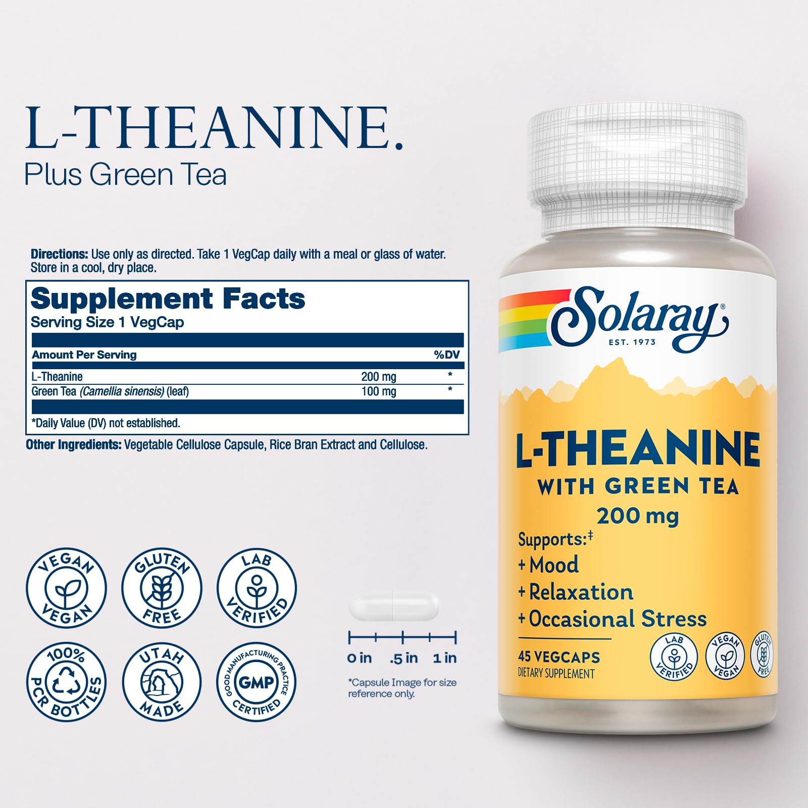 SOLARAY L-Theanine green tea capsules highlight calming mood support.