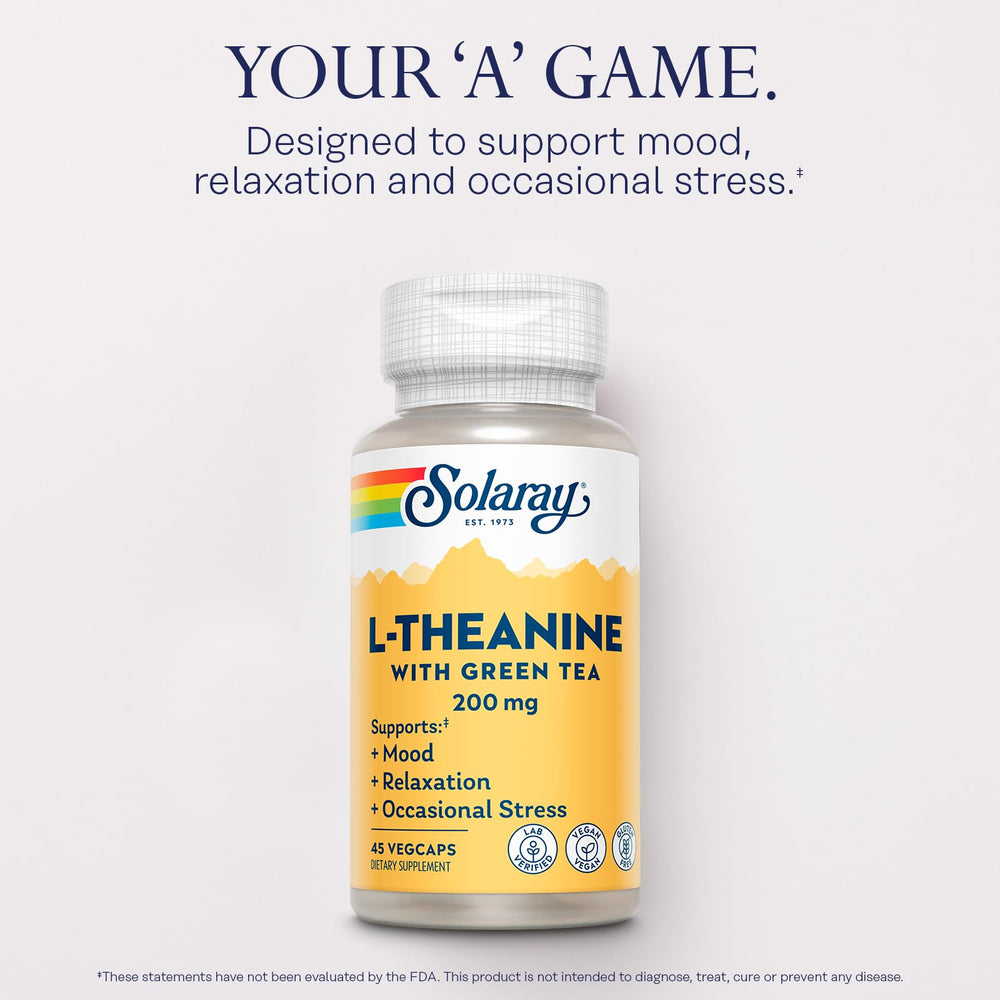 SOLARAY L-Theanine ingredient panel shows balanced per-capule dosing.