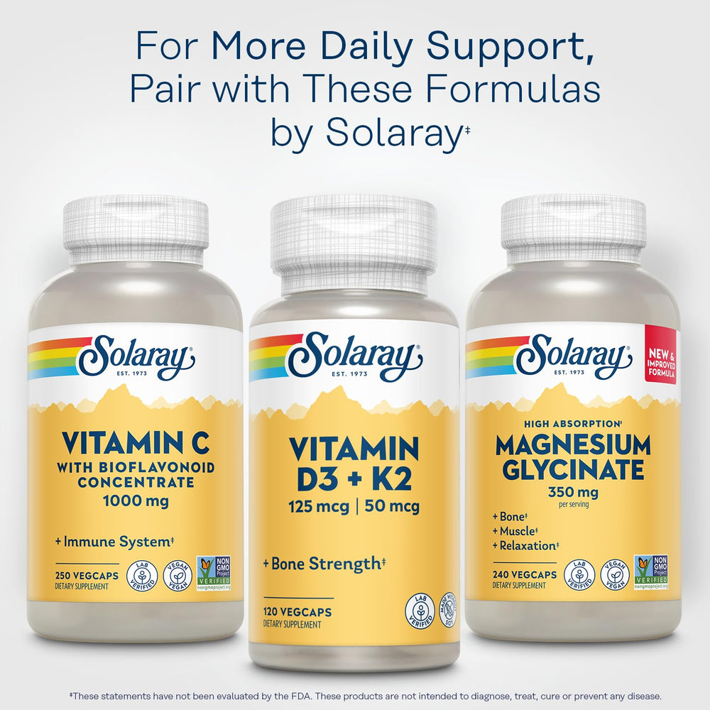 SOLARAY lab-testing badge on bottle for quality assurance.