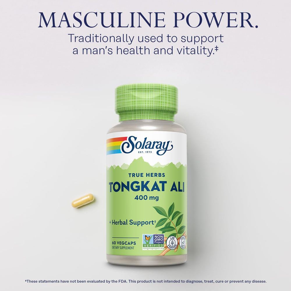 SOLARAY Tongkat Ali 400 mg lab verification seal on packaging ensures purity