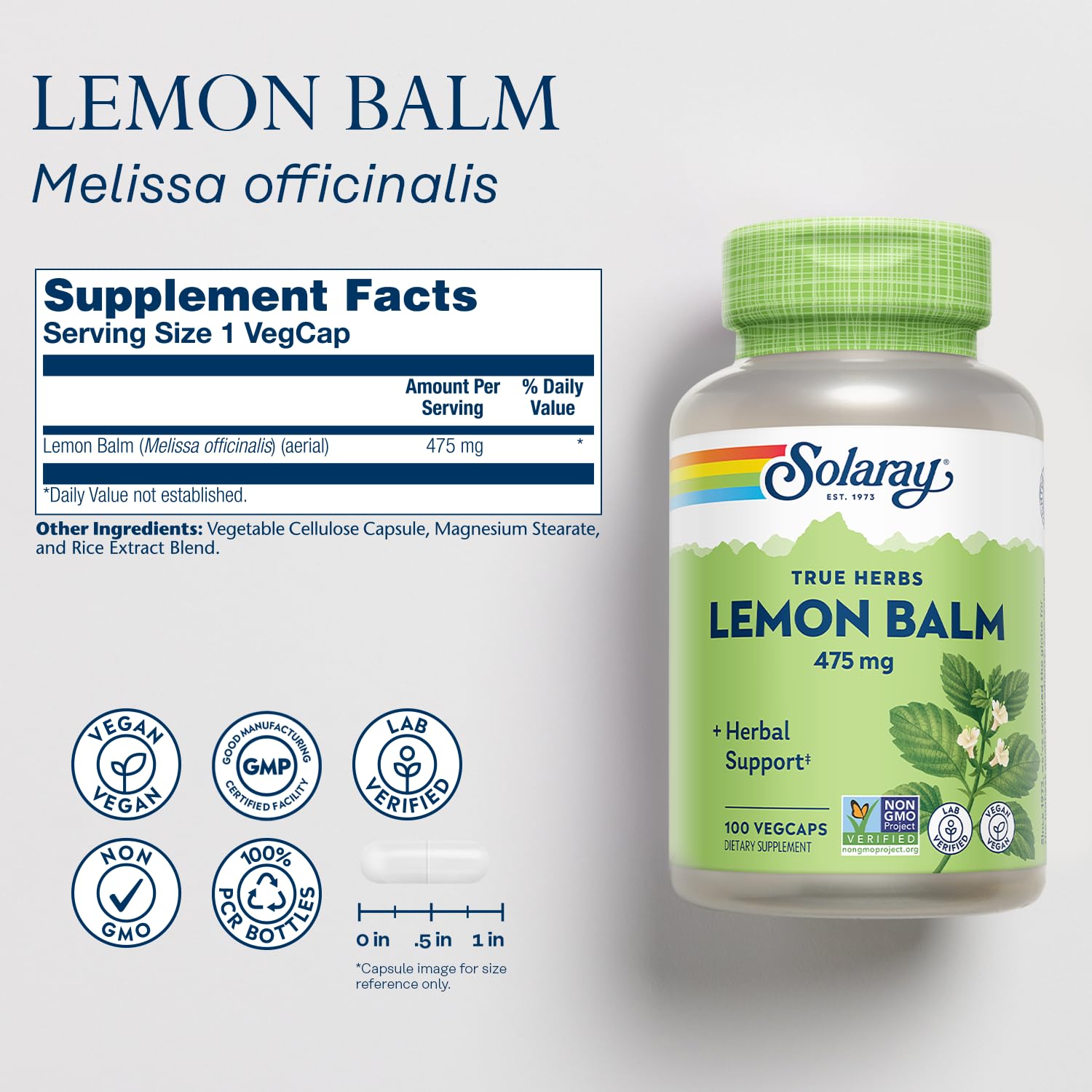 Solaray lemon balm capsules pour, ideal for quick nightly routines and relaxation.