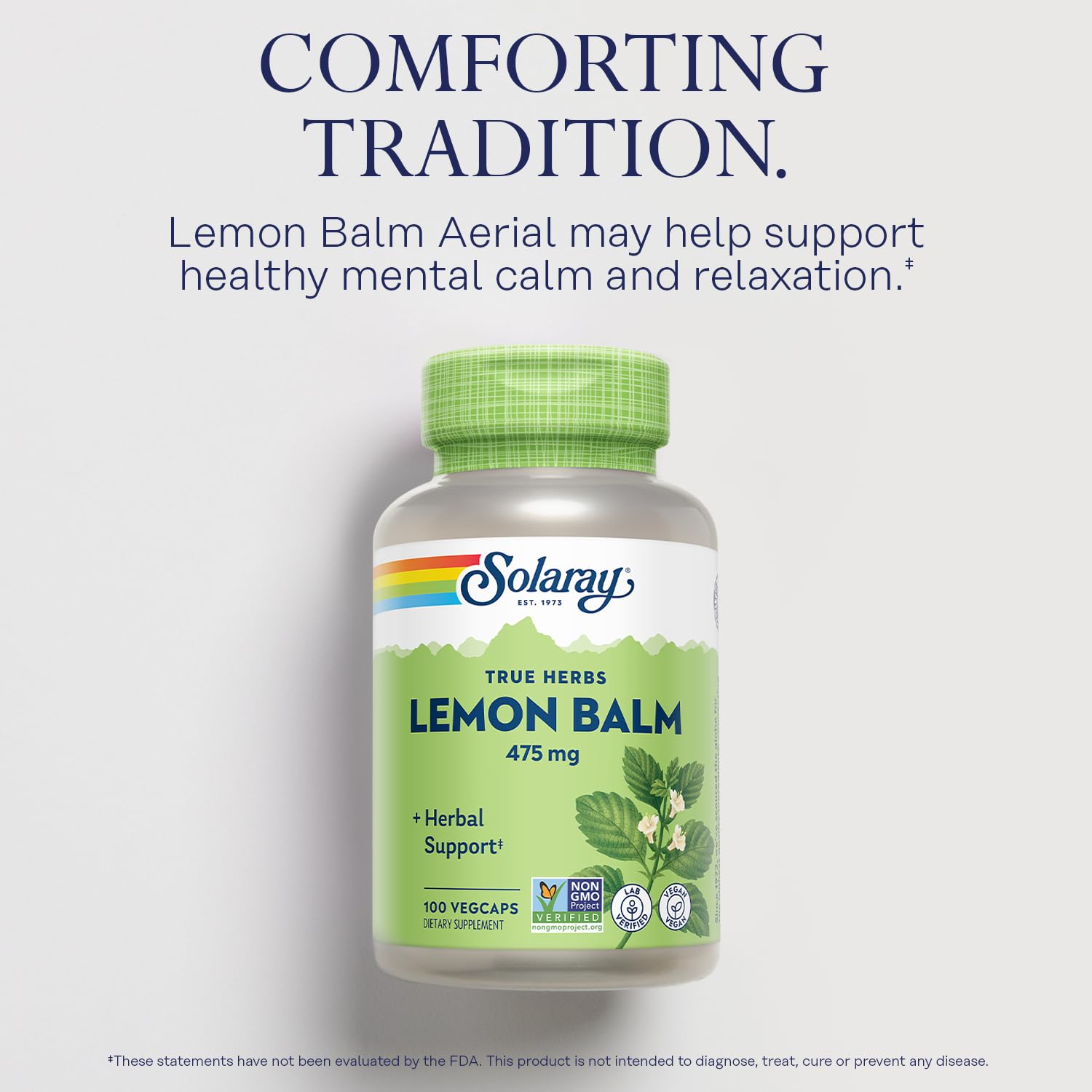 Solaray lemon balm bottle front label highlights non-GMO, lab-verified quality for trust.