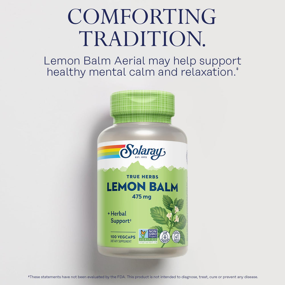 Solaray lemon balm bottle front label highlights non-GMO, lab-verified quality for trust.
