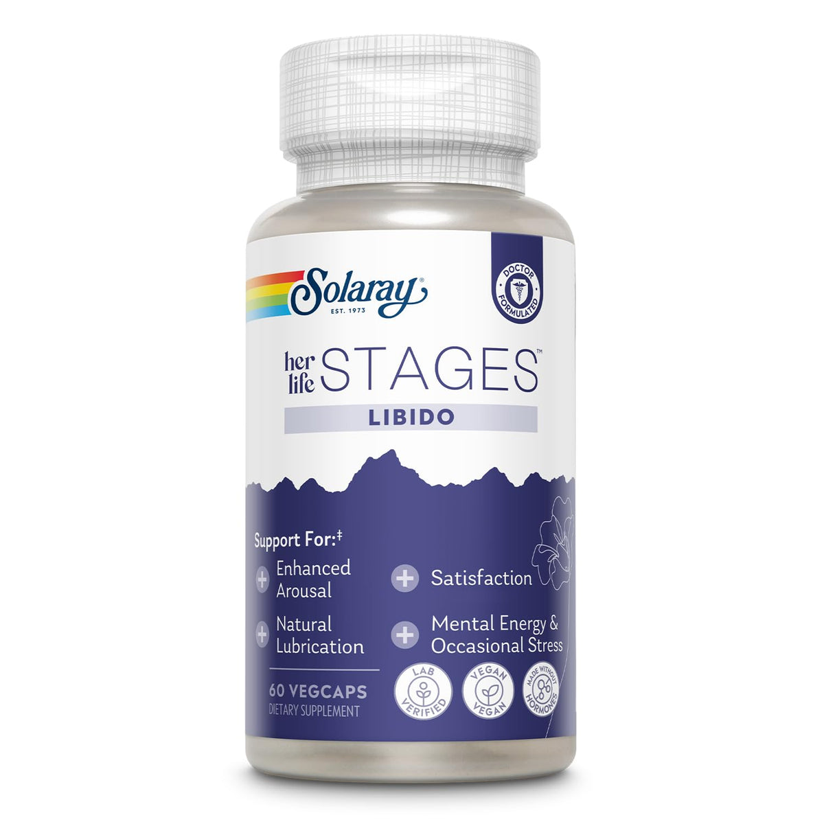 SOLARAY Libido her Life Stages bottle front highlighting arousal support and natural lubrication.