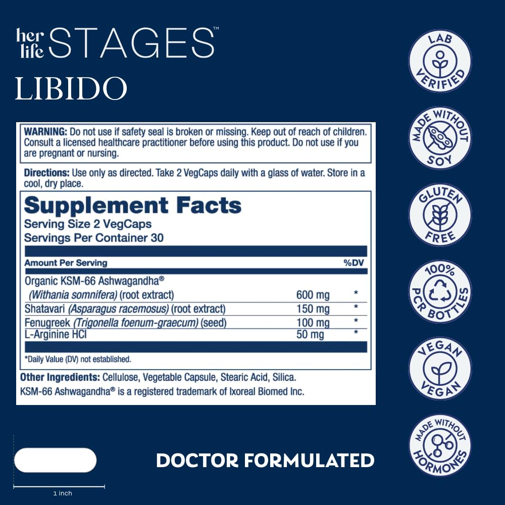 SOLARAY Libido her Life Stages ingredient graphic shows shatavari and ashwagandha for women's wellness.