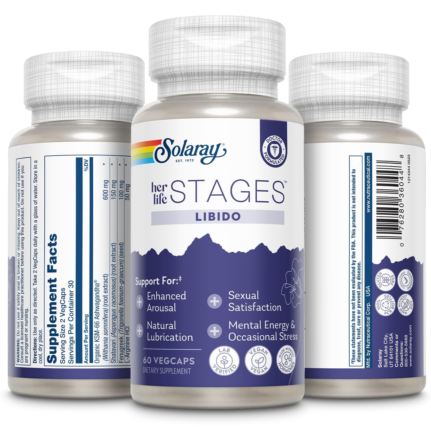 SOLARAY Libido her Life Stages packaging box shows 60 capsules and 30 servings.