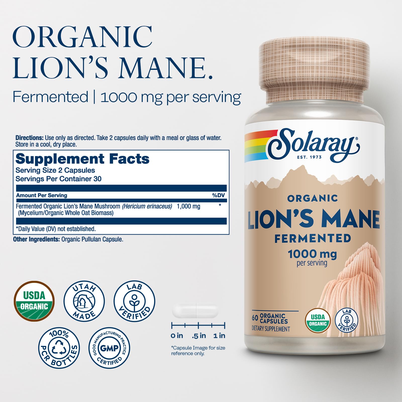SOLARAY Lions Mane label highlights 1,000 mg per serving